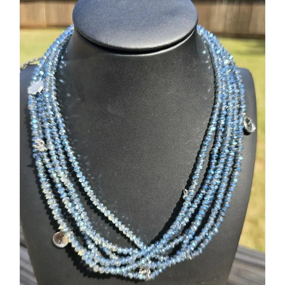 NWOT Marlyn Schiff Multi Strand Blue Crystal Statement Necklace Pave Charms